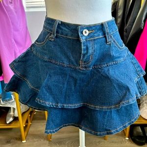 Denim Mini Skirt Skort with Ruffles Stretch High Waist